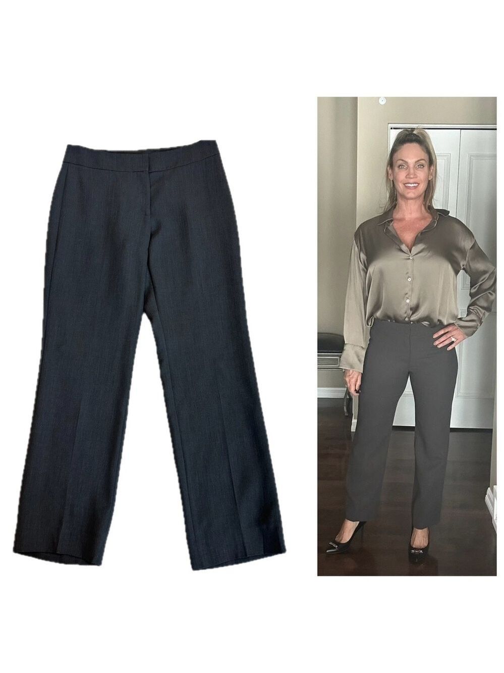 Akris gray brown straight leg trouser dress pants 100% wool 6 professional